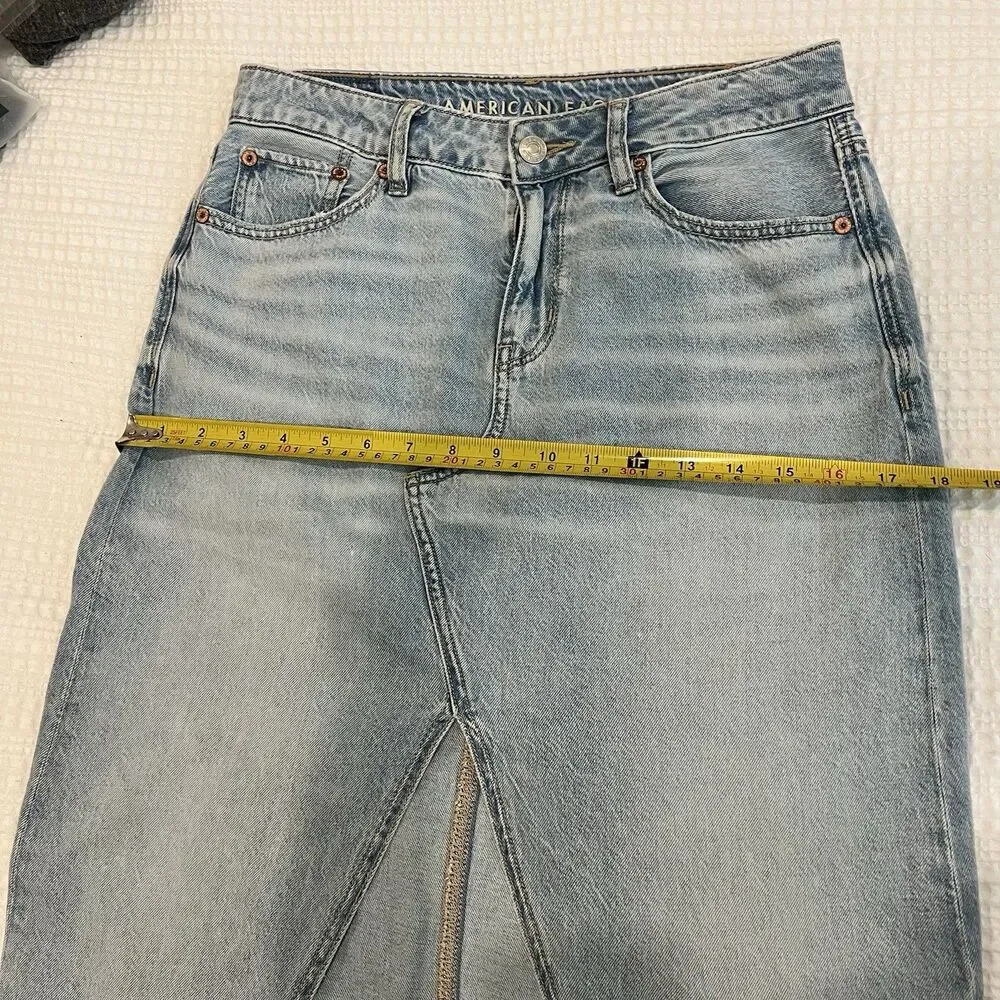 AE Dreamy Drape Low-Rise Denim Maxi Skirt Size 0 American Eagle - Picture 5 of 14
